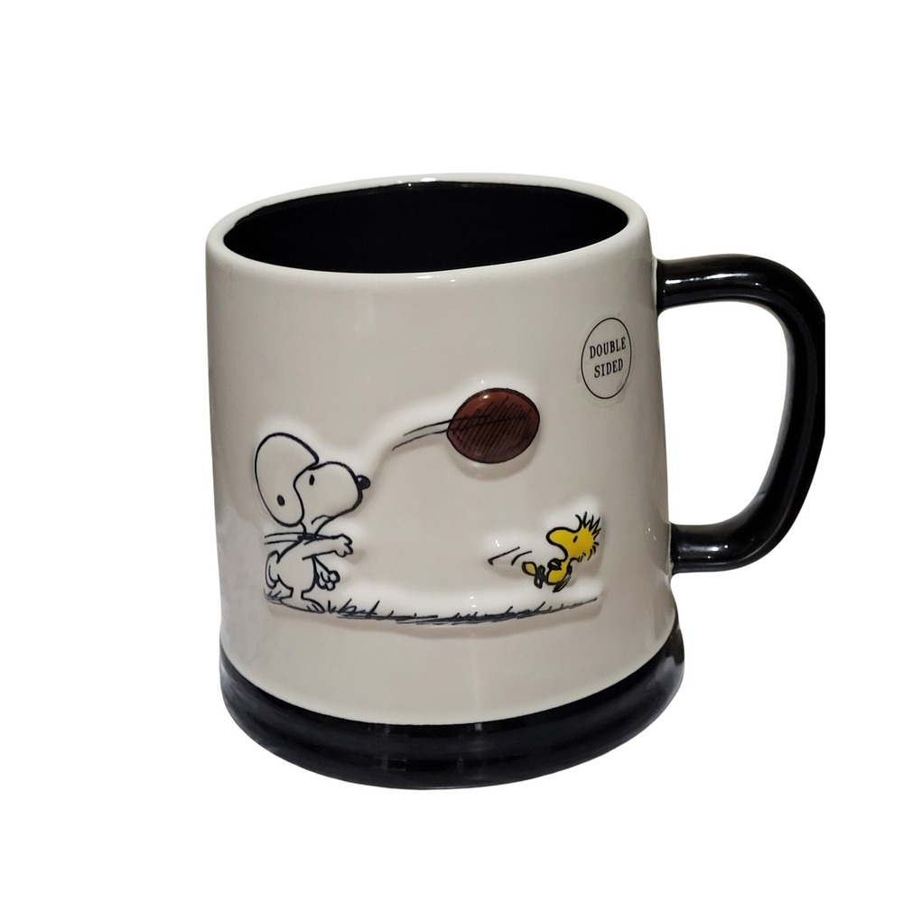 Rae Dunn Peanuts Mug 24oz Snoopy Woodstock Go Team Football Cream Black